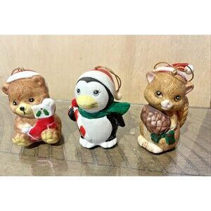 VTG Christmas Ornament Bell 5138 Holiday Bear Penguin Cat Porclein JSNY set of 3